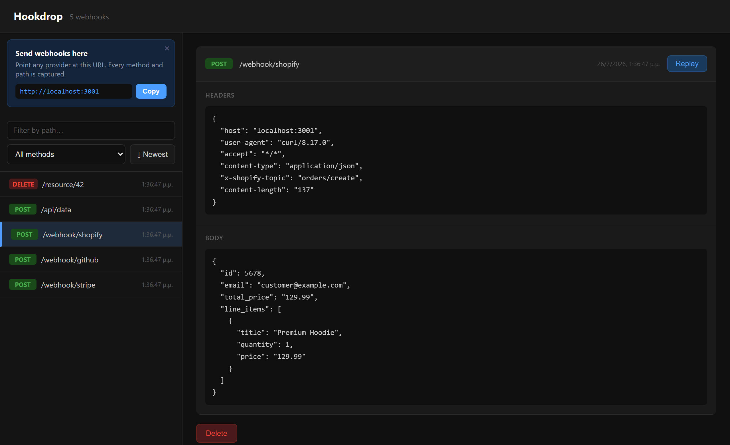 Hookdrop webhook list with method badges and filter toolbar