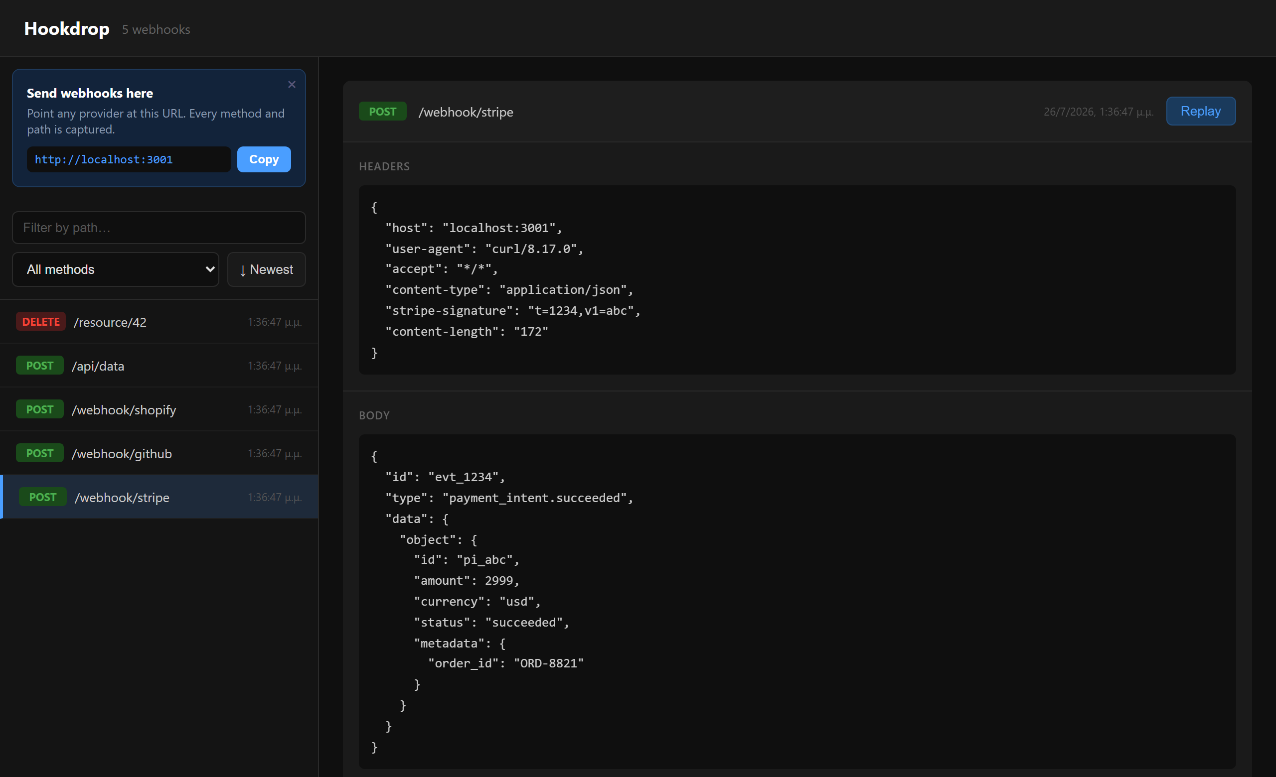 Hookdrop dashboard showing a Stripe webhook with full headers and JSON body