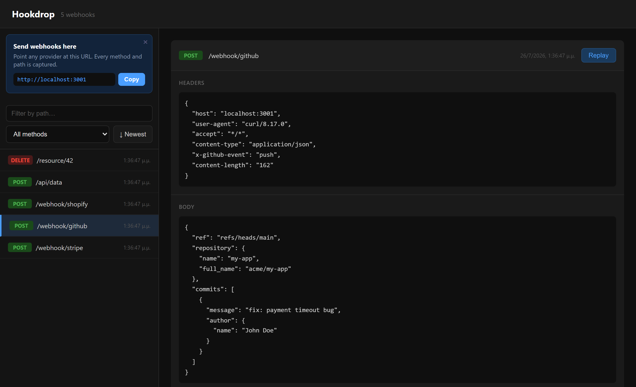 Hookdrop showing a GitHub webhook payload
